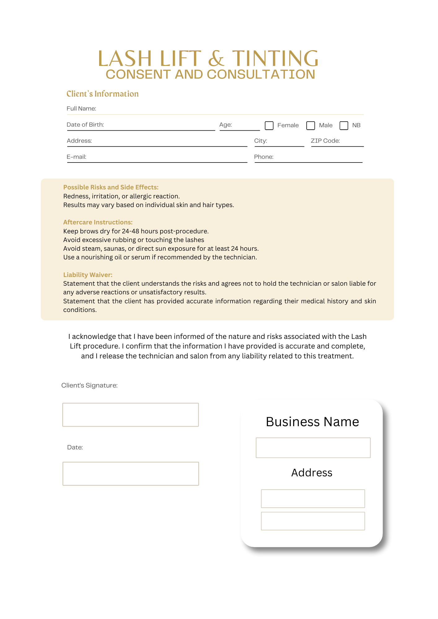 LASH LIFT CONSENT AND INTAKE FORM