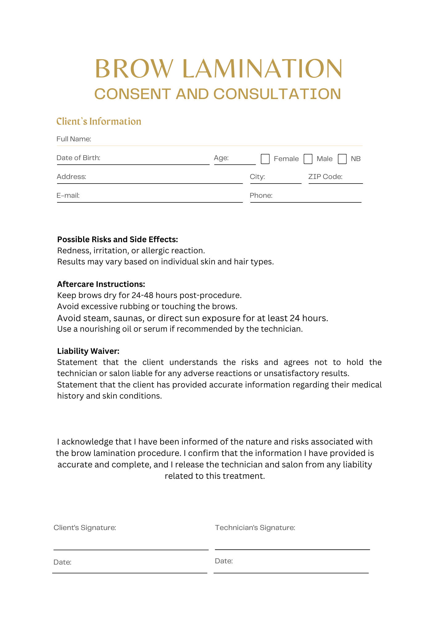 BROW LAMINATION CONSENT AND INTAKE FORM