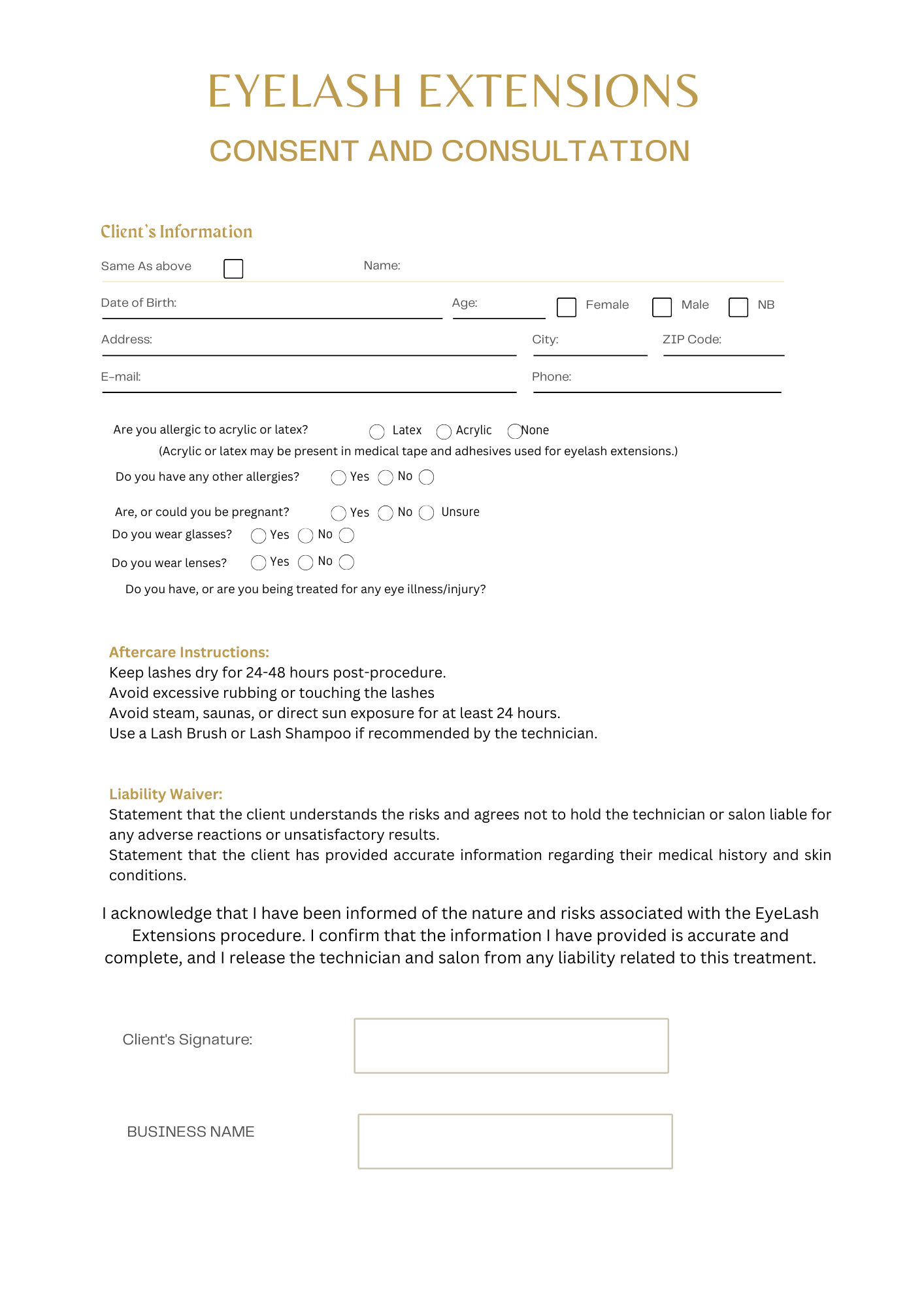 EYELASH EXTENSIONS CONSENT AND INTAKE FORM