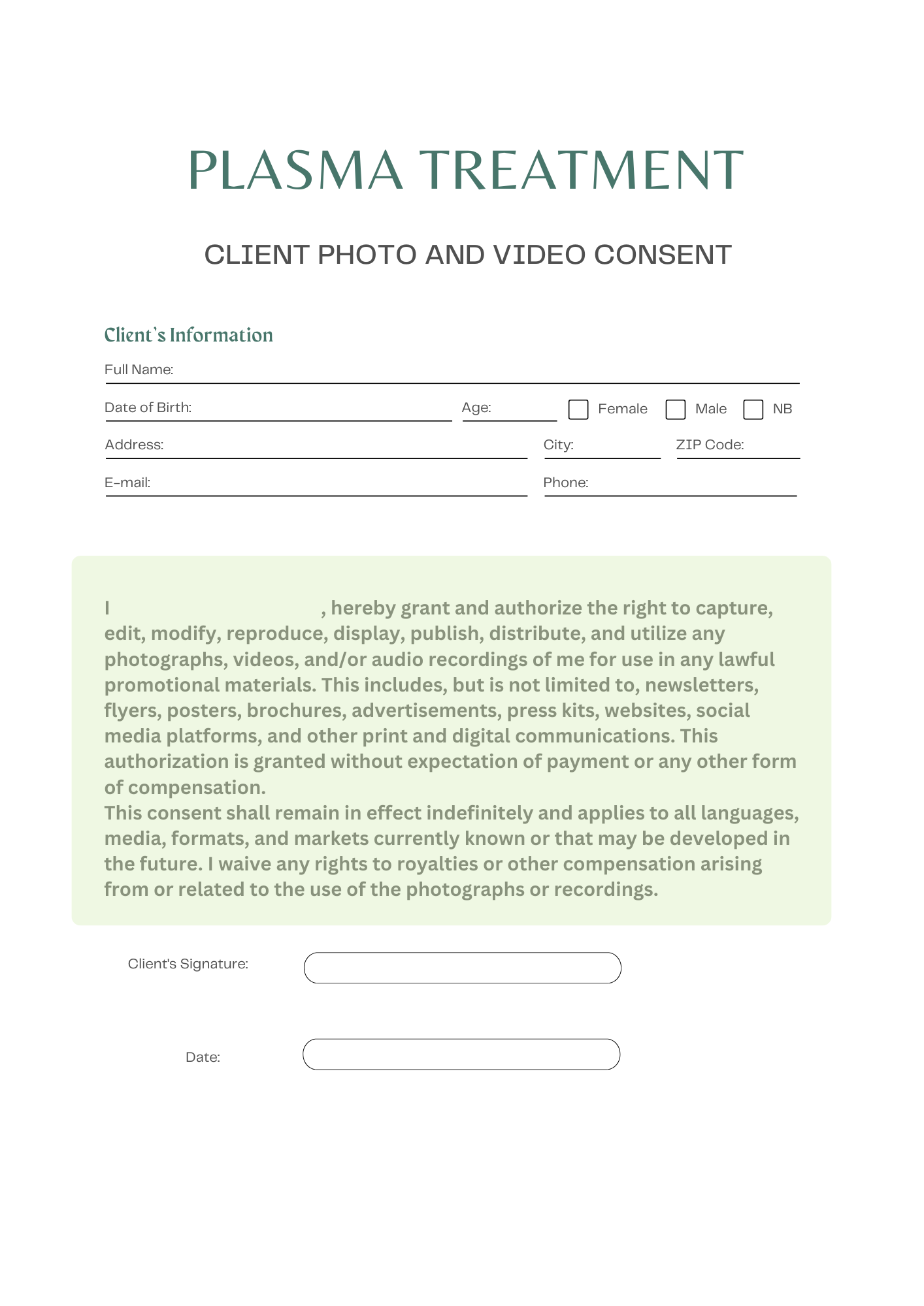 PLASMA CONSENT AND INTAKE FORM