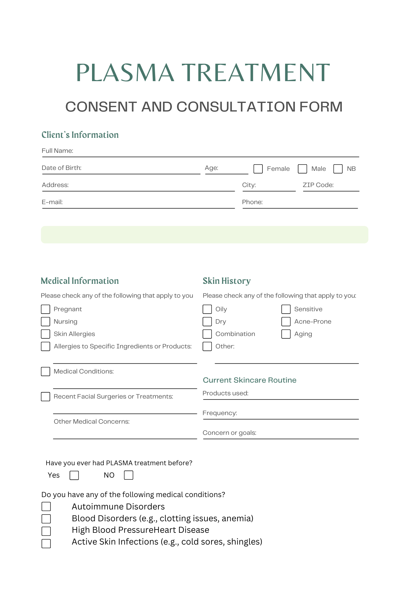 PLASMA CONSENT AND INTAKE FORM