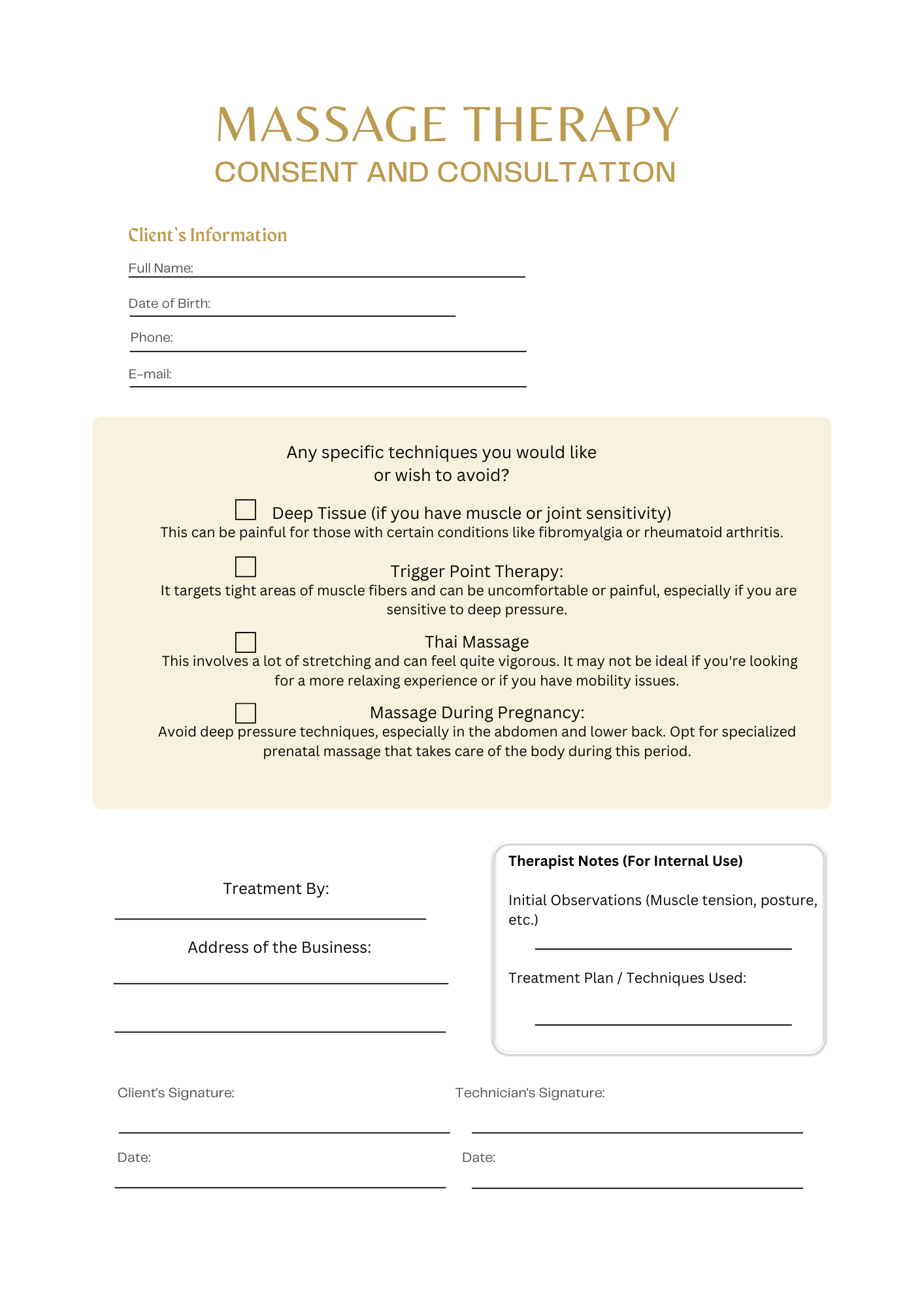 MASSAGE CONSENT AND INTAKE FORM
