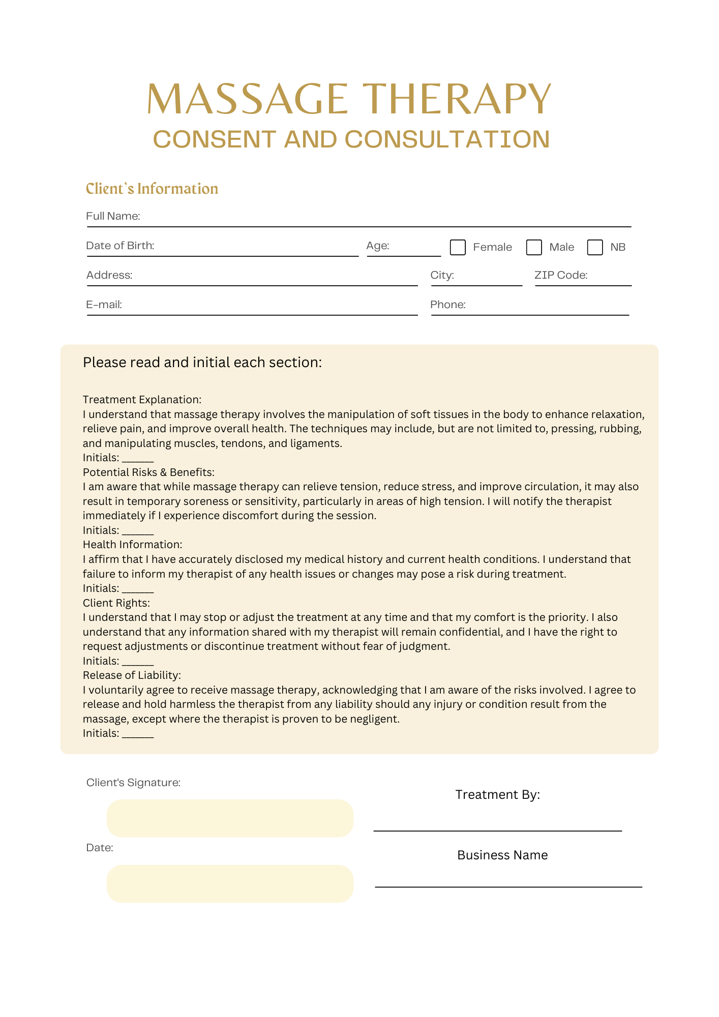 MASSAGE CONSENT AND INTAKE FORM